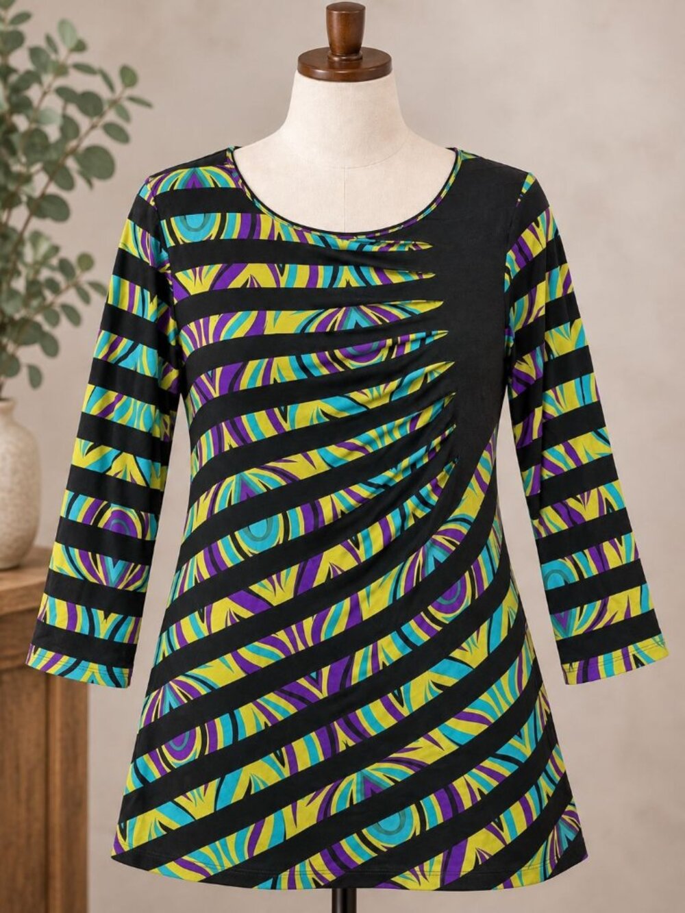 Multiples Abstract Stripe Tunic Top S Black Rayon Boho Whimsygoth Maximalist